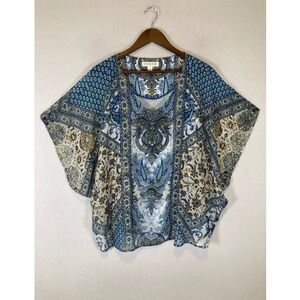 Boho Cactus + Pearl Women Large Blue Paisley Floral Dolman Batwing‎ Sleeve Top